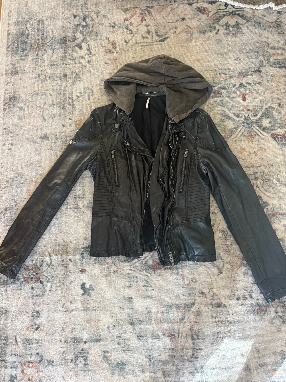 Free People distressed Black Leather Hooded Moto Jacket